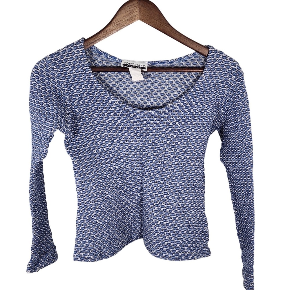 VTG Contempo Casuals Made in USA Blue Waffle Knit Scoop Neck Top Sz Large